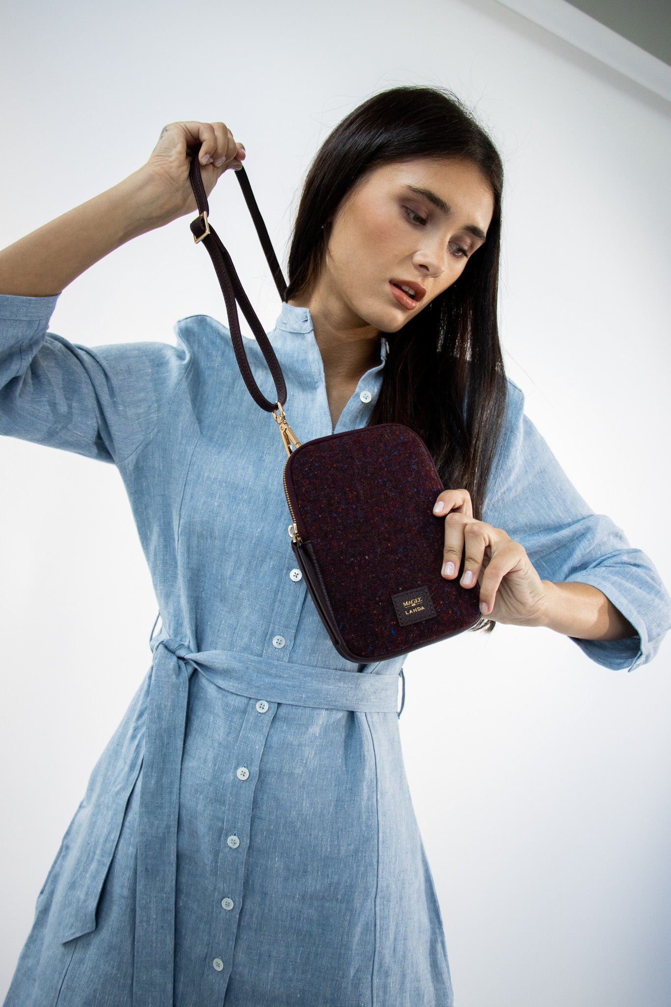 CASSIA Leather & Tweed Crossbody Bag Burgundy - LANDA x Magee 1866