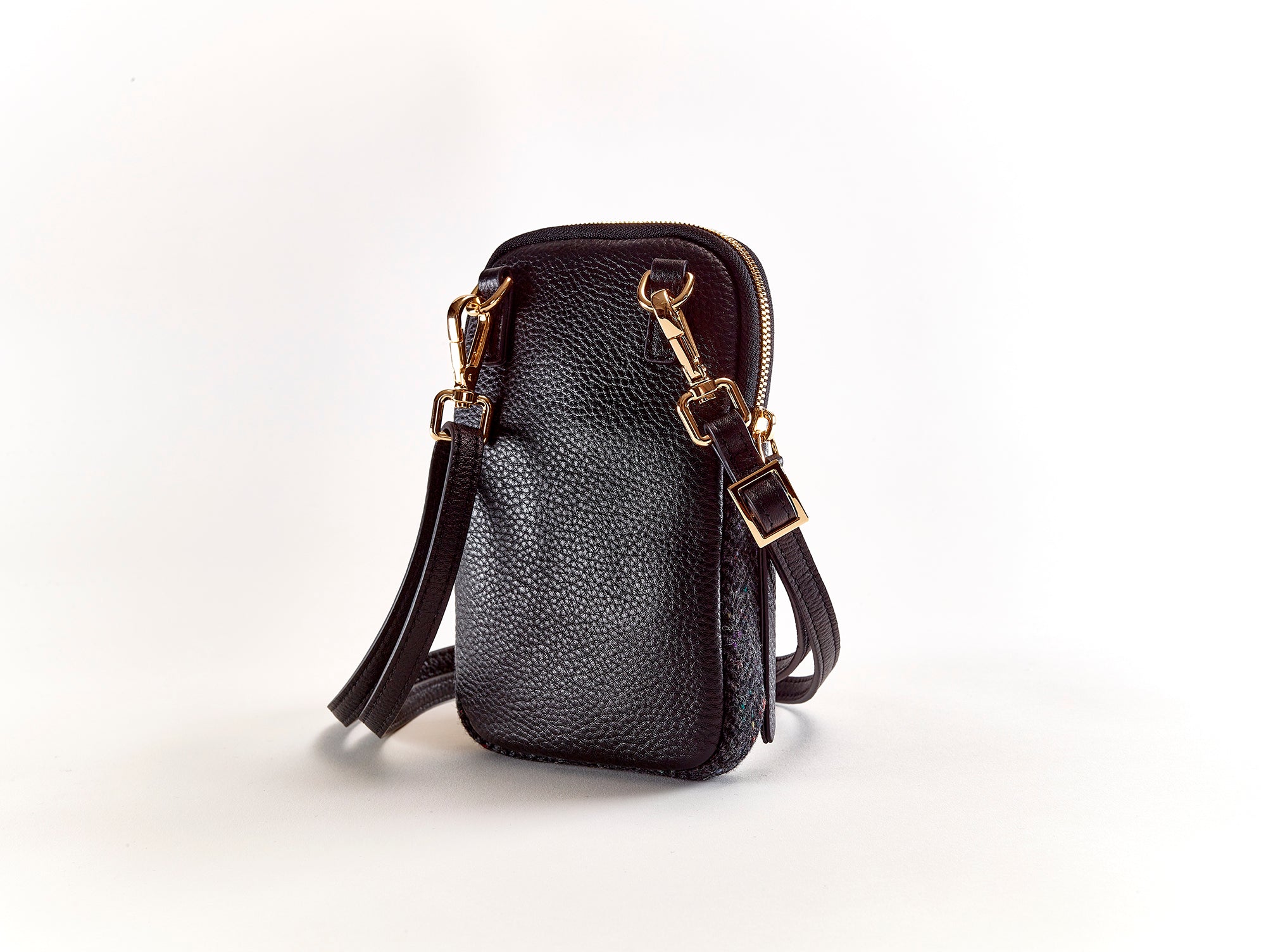 CASSIA PHONE BAG - BLACK LEATHER & TWEED