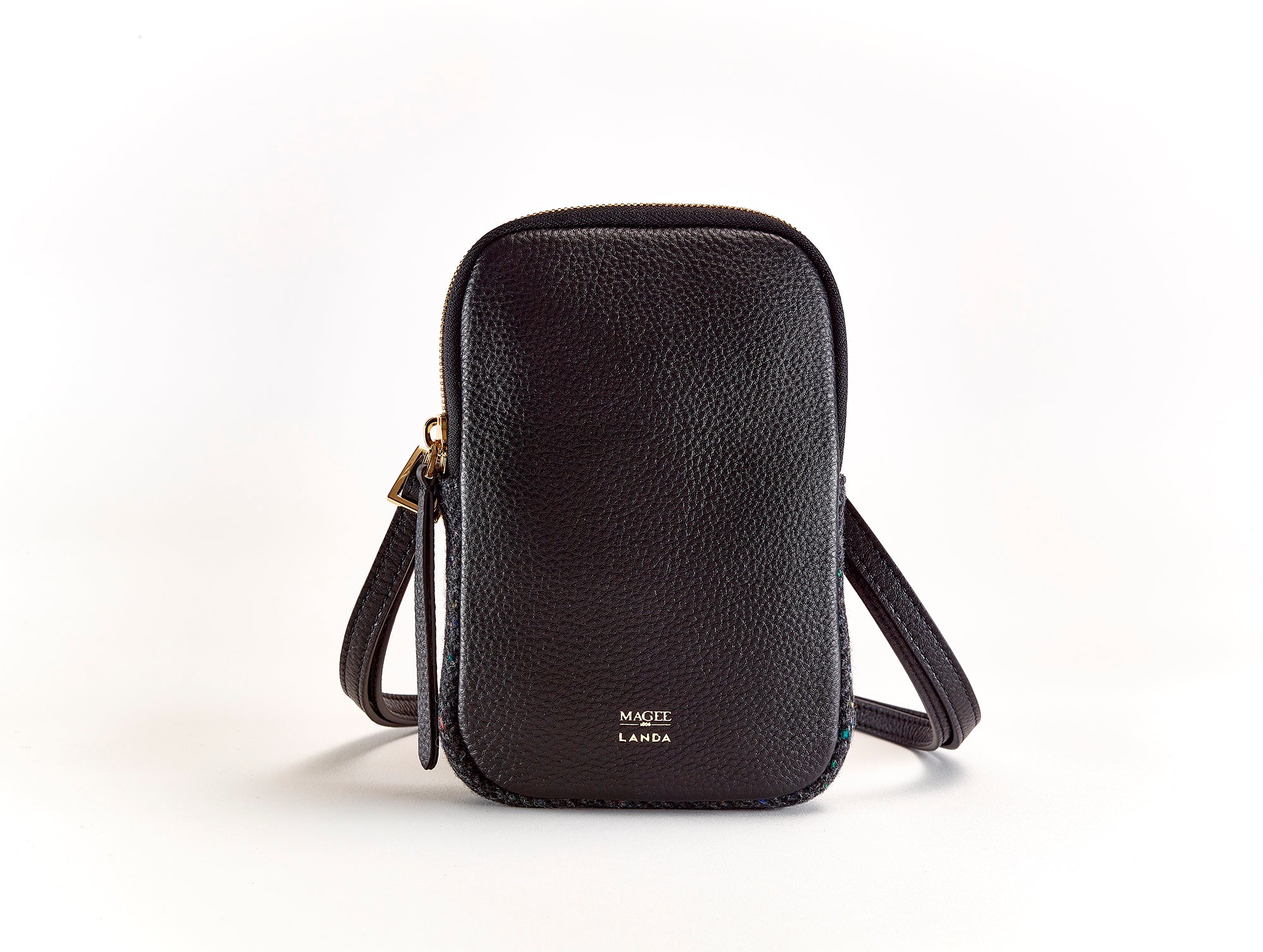 CASSIA PHONE BAG - BLACK LEATHER & TWEED