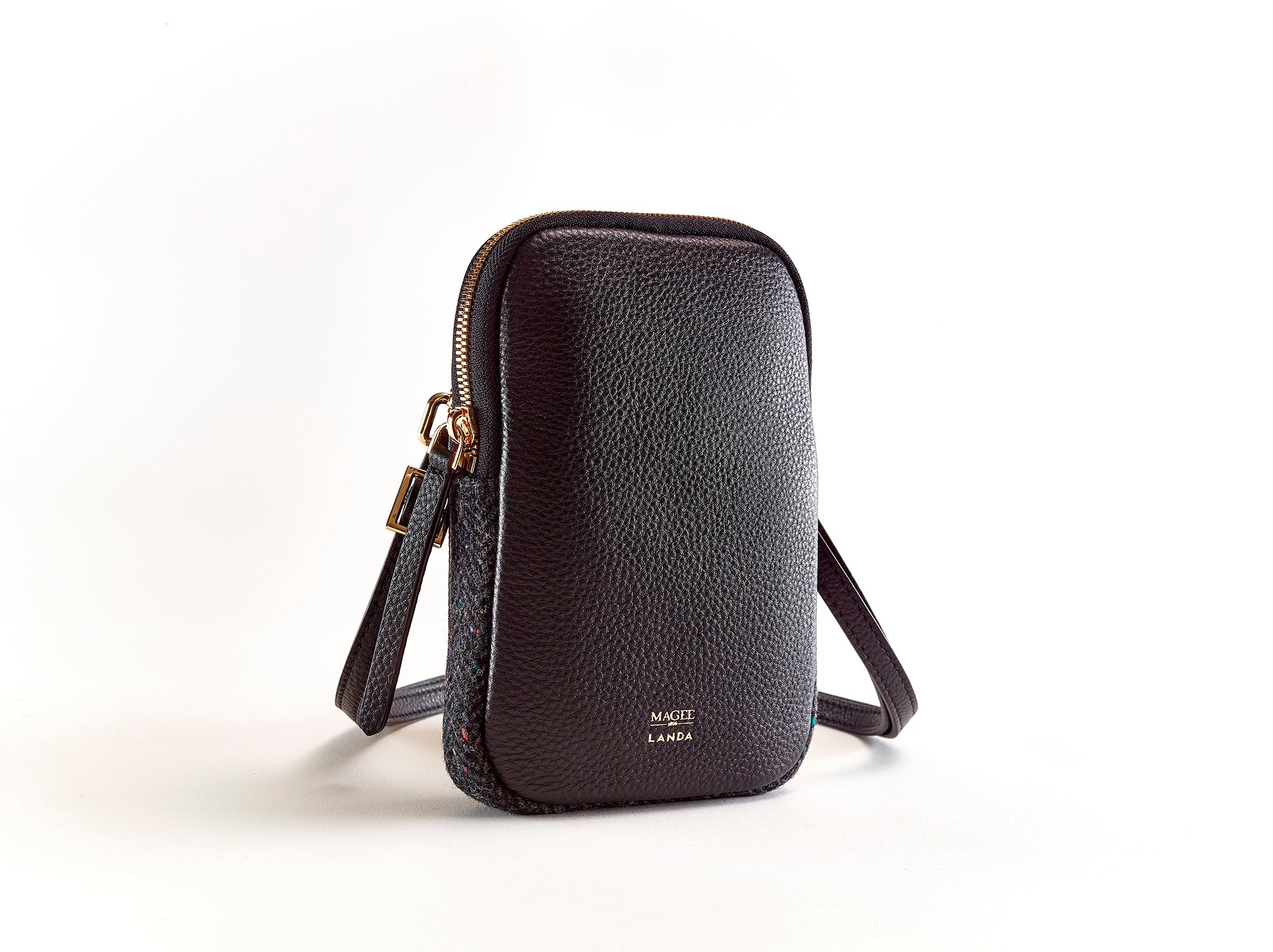 CASSIA PHONE BAG - BLACK LEATHER & TWEED