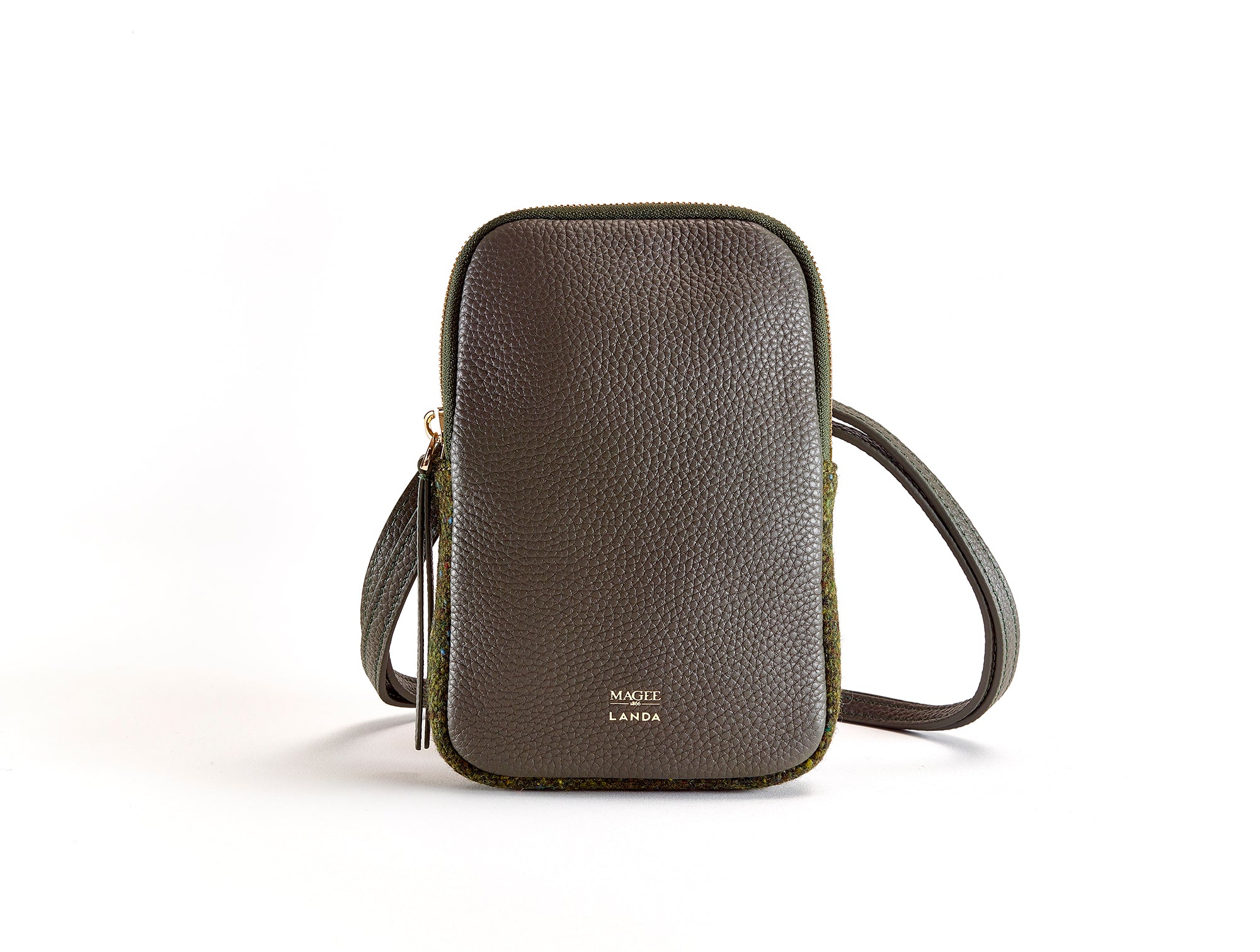 CASSIA PHONE BAG - DARK GREEN LEATHER & TWEED