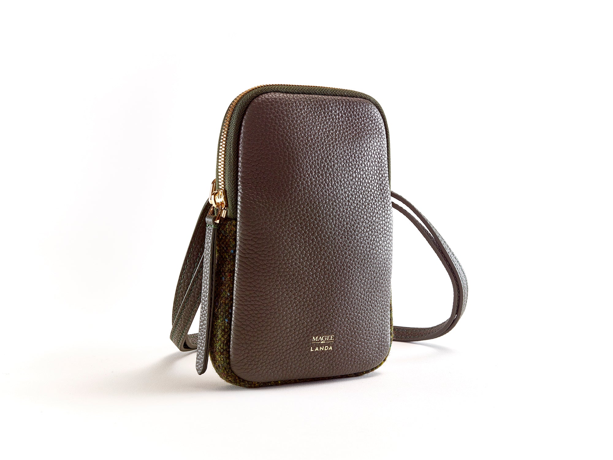 CASSIA PHONE BAG - DARK GREEN LEATHER & TWEED