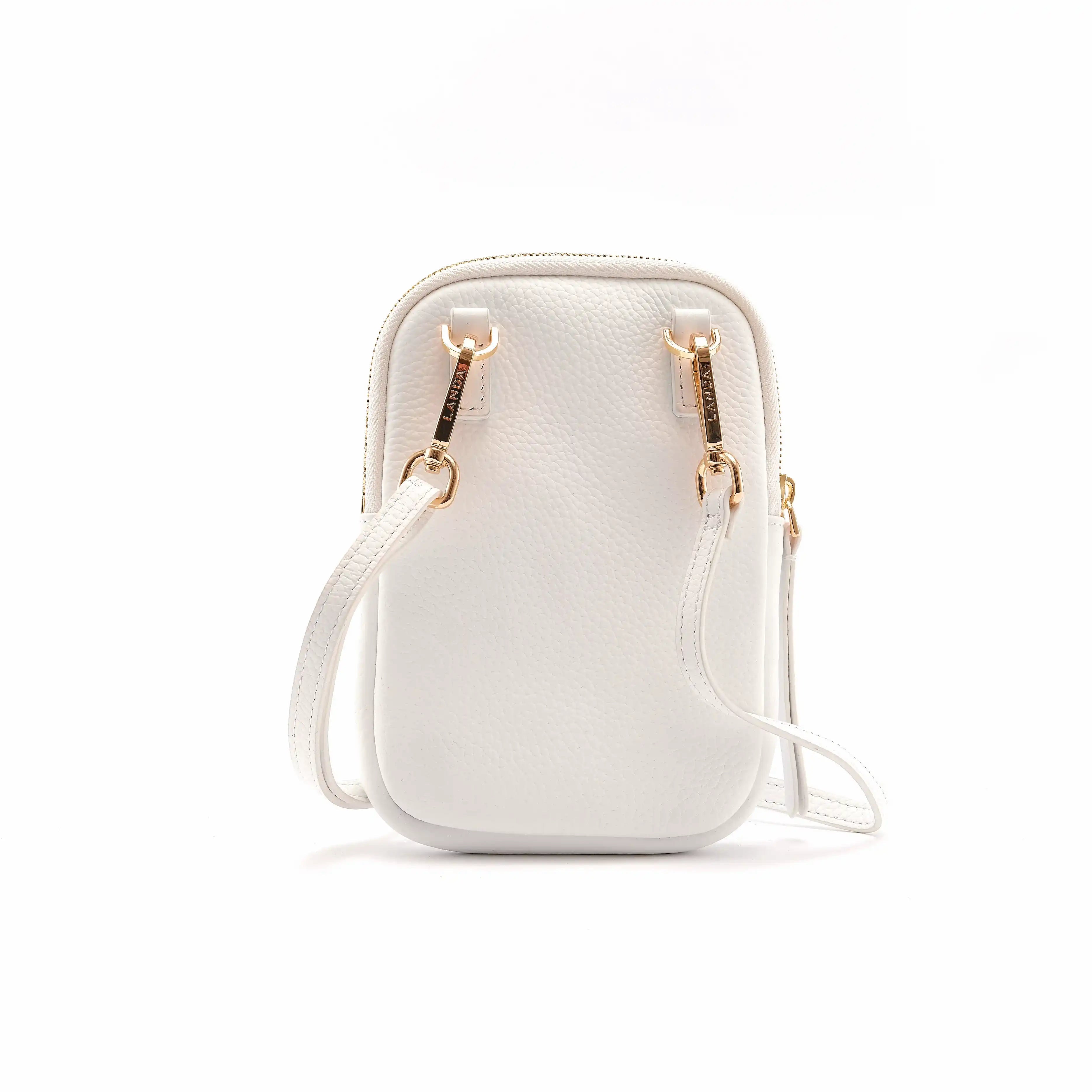 White leather crossbody phone bag with gold hardwear on a white background